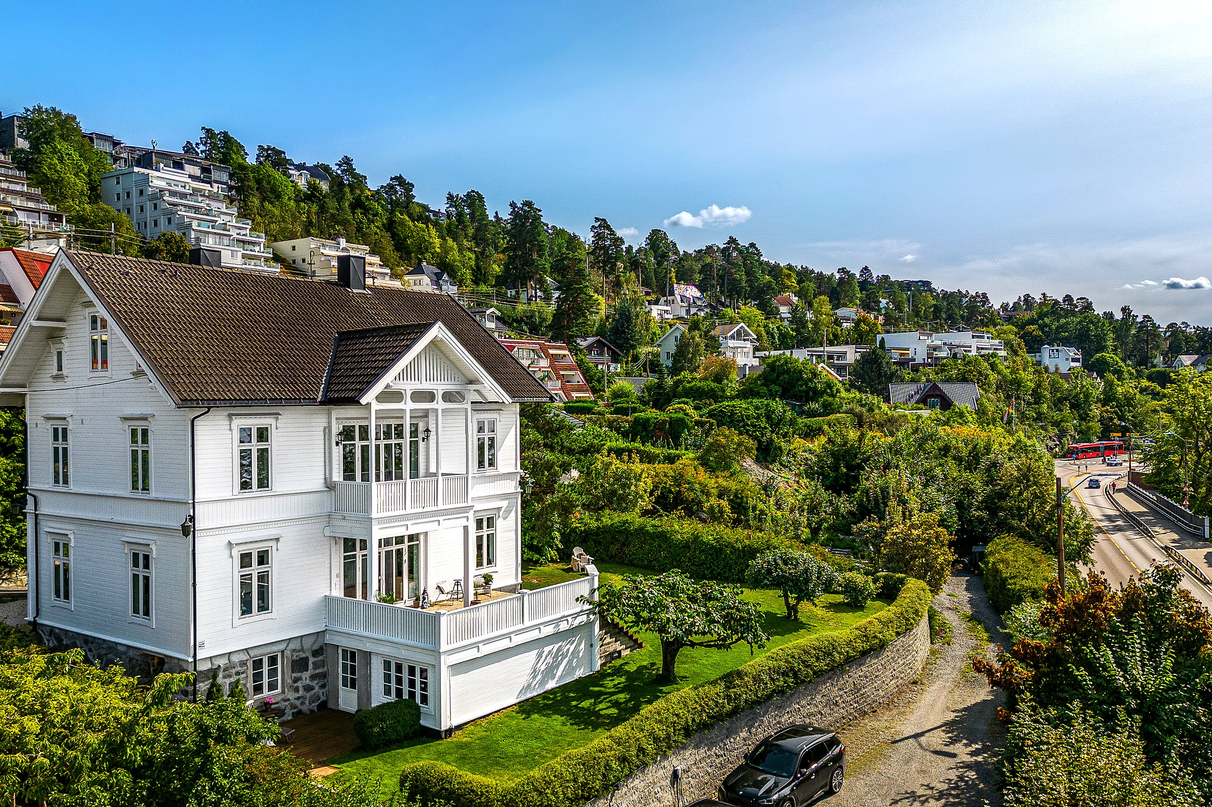Aerial view of the villa and the fjord